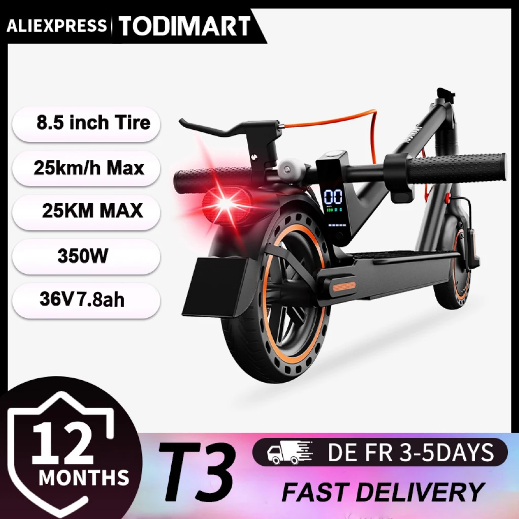 Elektrische scooter voor volwassenen T3, 36V 7.8Ah, 350W borstelloze motor, 20-30 km bereik, 10-inch banden, elektrische stads scooter, APP