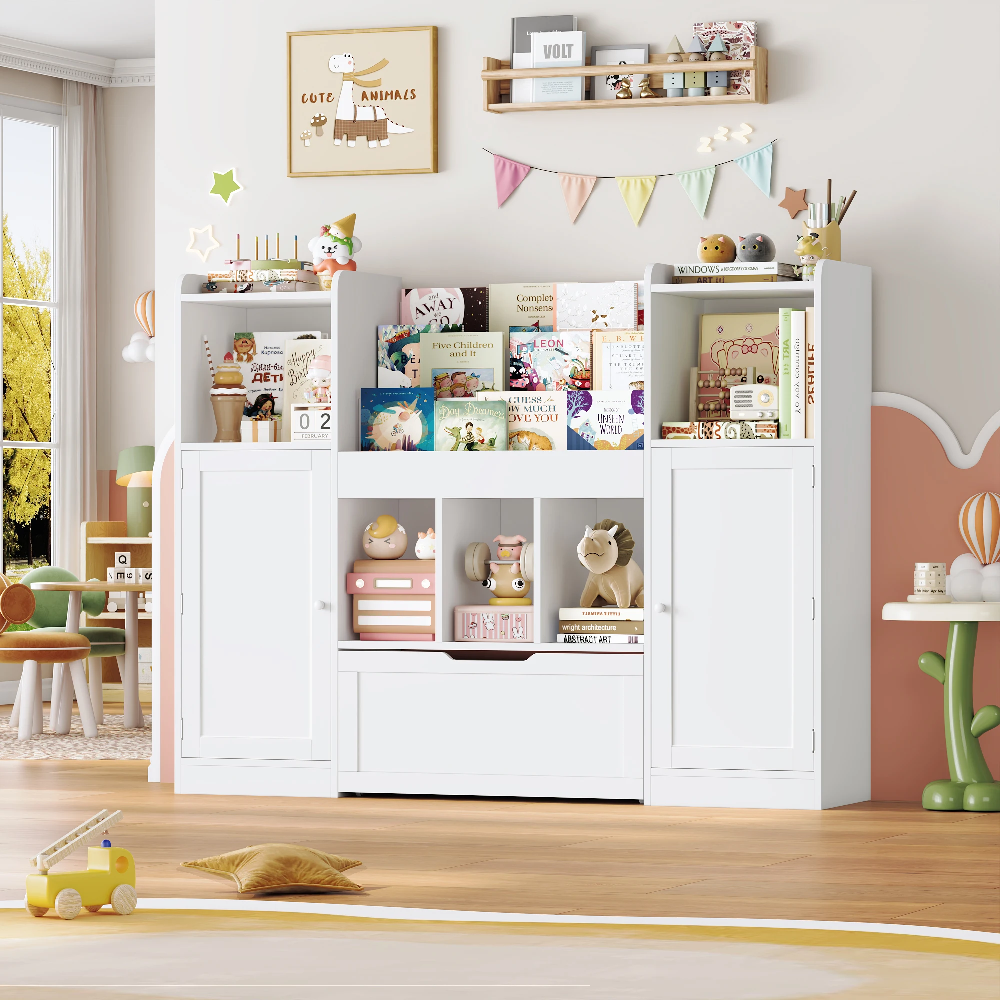 Getone Kids Toy Storage Unit Kids Bookcase Toy Organiser  3-tier Childrens Bookshelf, 2 Storage Doors, 1 Large Drawer with Wheels for Nursery Playroom140.3x30x108.2cm