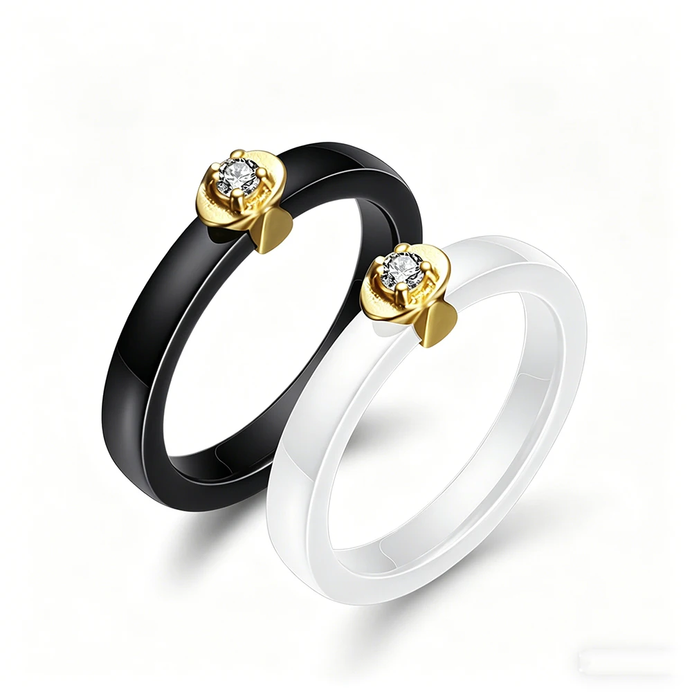 Women's Hypoallergenic Ceramic Wedding Ring, 2.3mm Slim Band, CZ Solitaire, Minimalist Stackable, US 6–10, Black & White