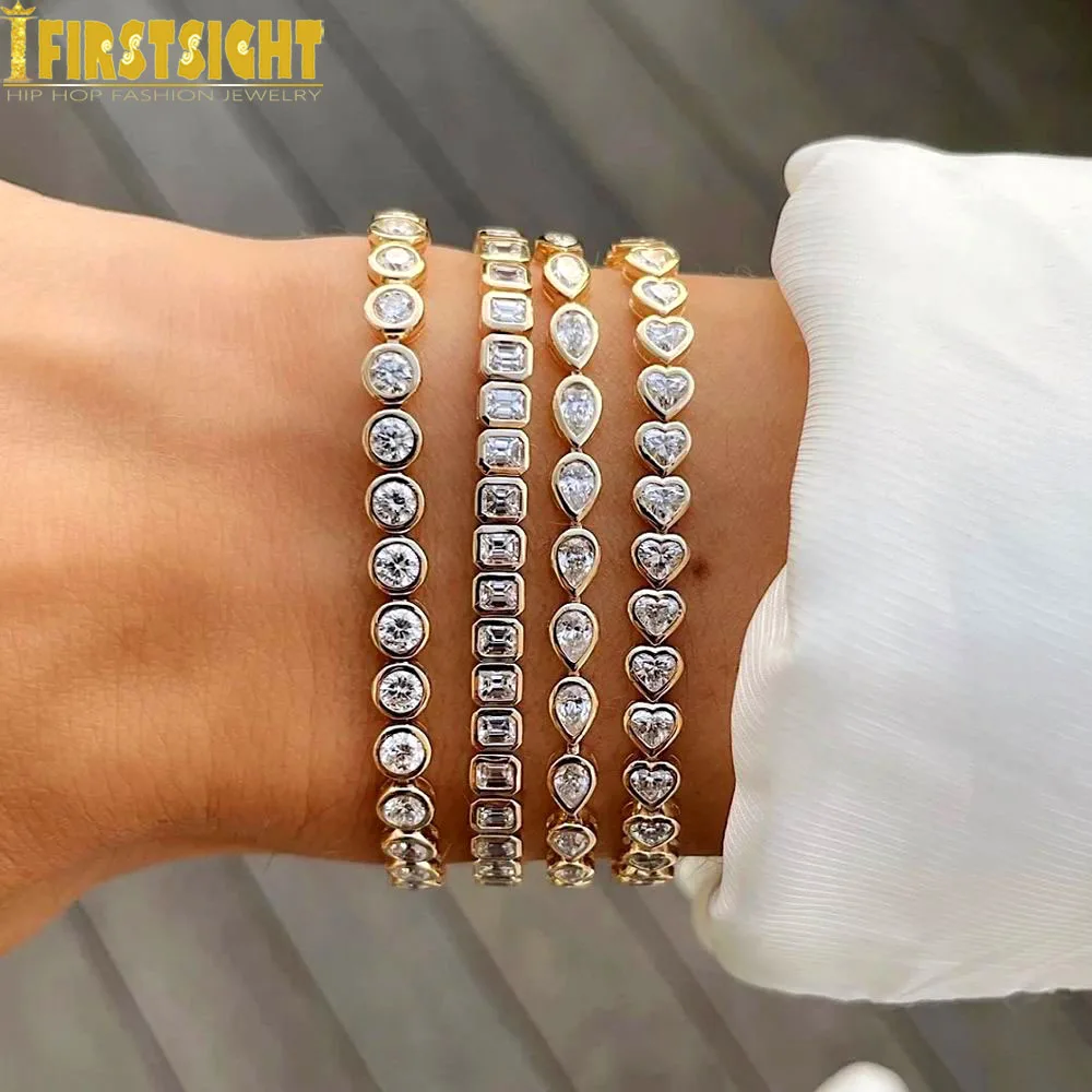 Iced Out  Heart Tennis Chain Bracelet Silver color CZ Cubic Zirconia Shaped Geometric Charm Bracelet  Hip Hop Jewelry For Women