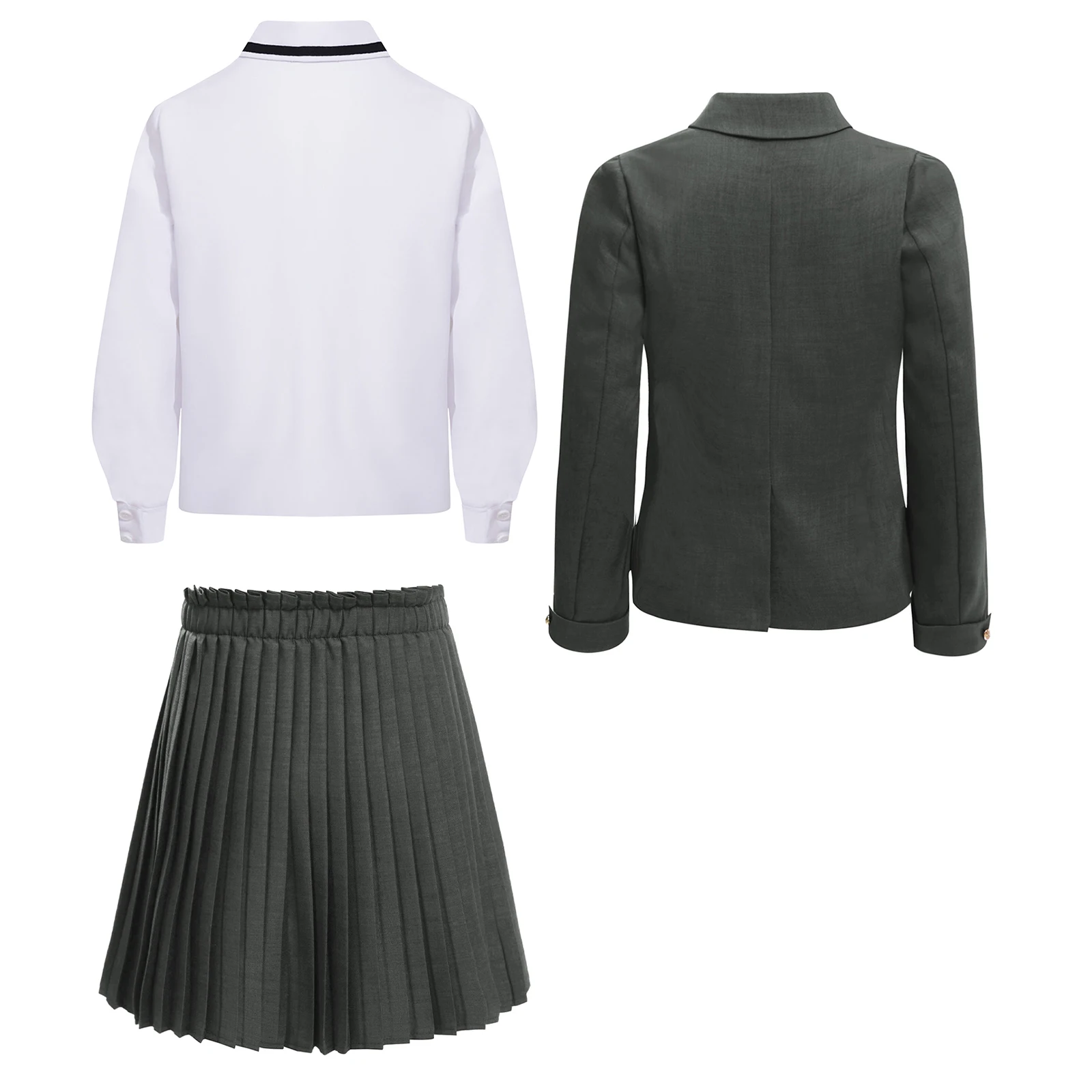 3Pcs Kids Girls School Uniform Lapel Button Down Suit Jacket with Pleated Skirt And Turn-Down Collar Long Sleeve Pullover Shirt