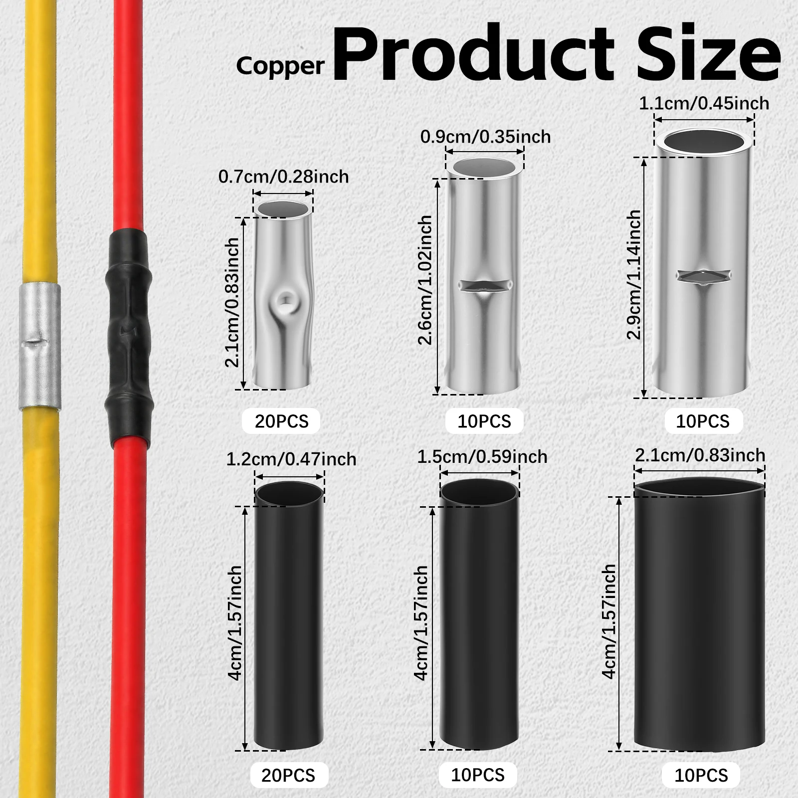 80Pcs Copper Butt Splice Connectors Kit 4 6 8 AWG Gauge Uninsulated Wire Crimp Terminals with 3:1 Marine Heat Shrink Tubing Set