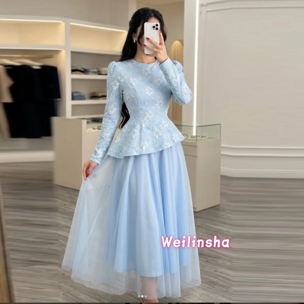 Sky Blue O-neck Full Sleeve Mother of the Bride Dress  Women's A-line Evening Gowns with  Appliques Wedding Guest Gown Customzie