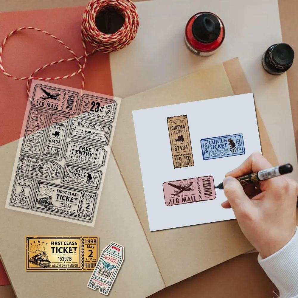 Vintage Ticket Clear Stamp for Scrapbooking Train Airplane Tickets Silicone Stamps Tag Frame Transparent Stamp for Card Making