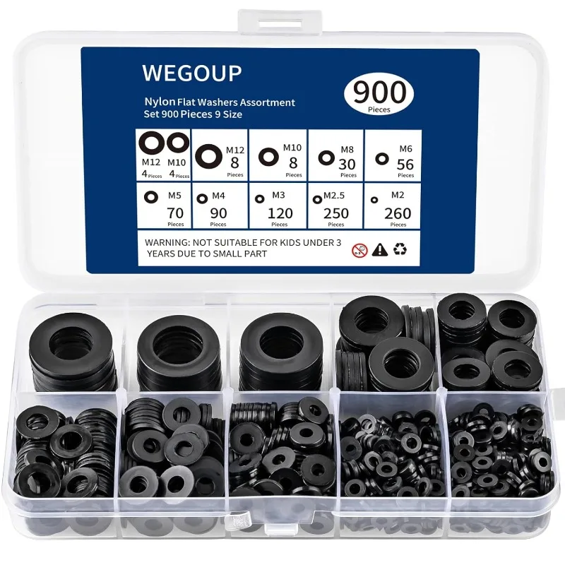 900/1800 Stück Nylon-Unterlegscheiben-Sortimentsset, flache Unterlegscheiben aus schwarzem Kunststoff für Schrauben und Schrauben (M2-M12), verschiedene Schraubenscheiben