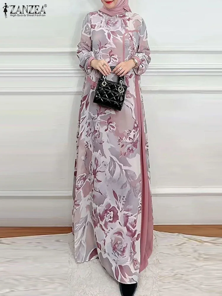 ZANZEA Eid Mubarek Sukienka Muzułmańska Abaja Islamska Szata Damska Patchworkowa Sukienka Maxi na Lato 2025 Elegancka Sukienka z Długim Rękawem w Kwiatowy Wzór Vestido