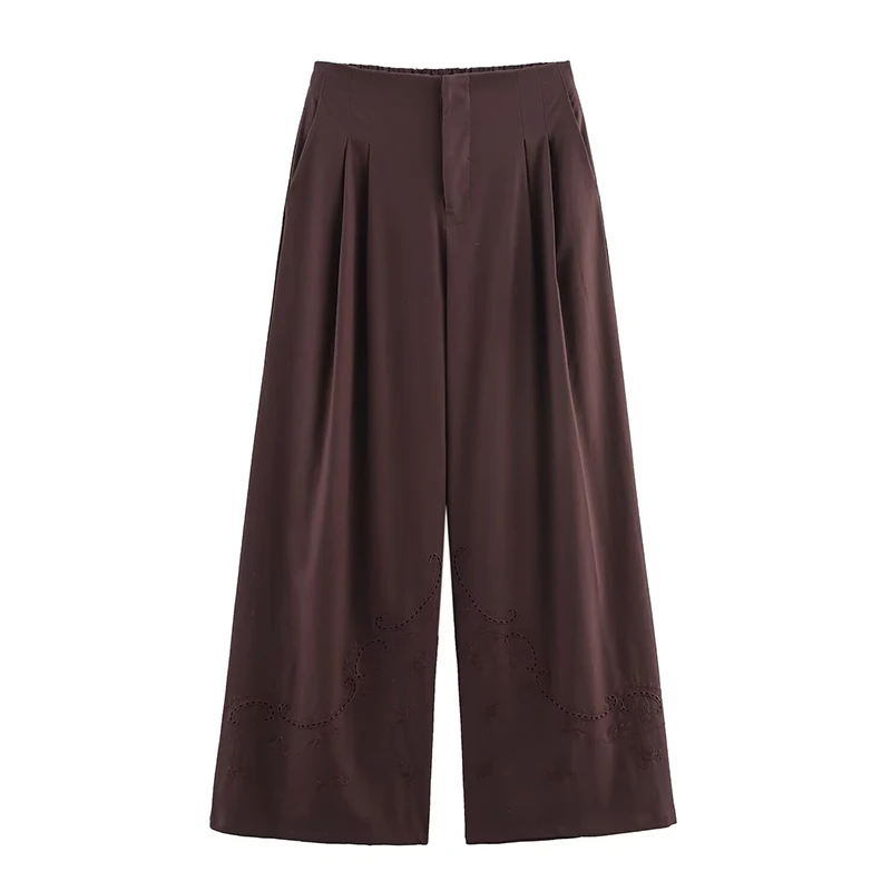 YENKYE Vintage Brown Wide Leg Embroidery Pants Women High Waist Casual Loose Trousers Summer pantalones de mujer