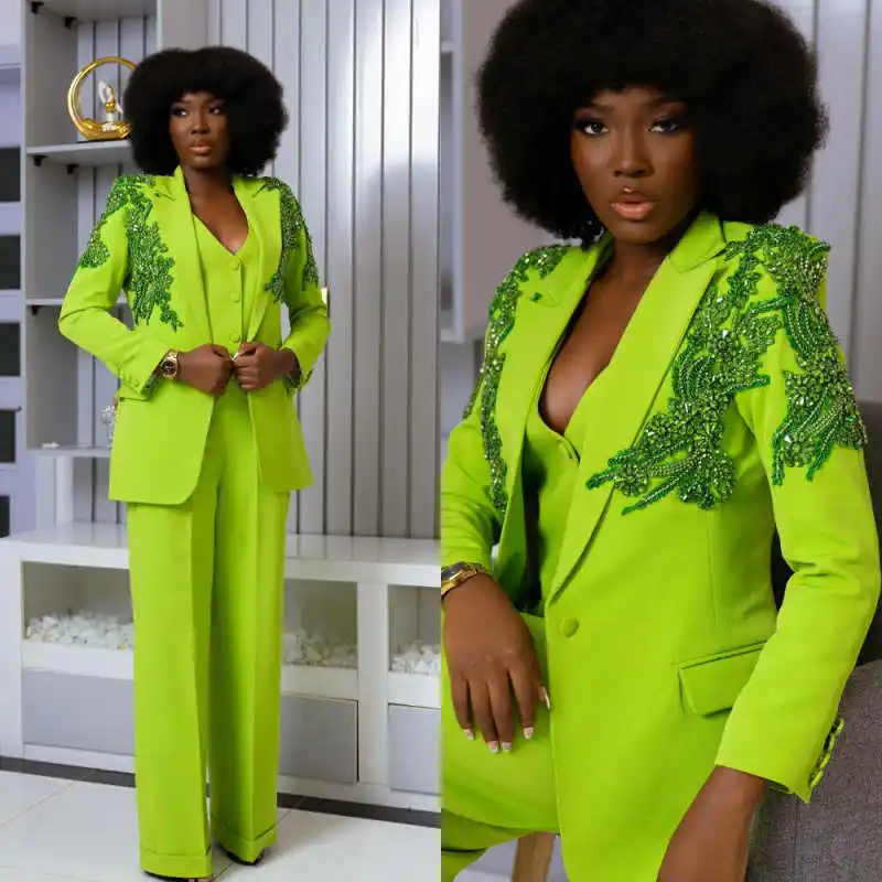 

Fashion Women Suits One Button Peaked Lapel Jacket Blazers Crystals Beaded Office Ladies Work 2 Pieces Customized Outfits