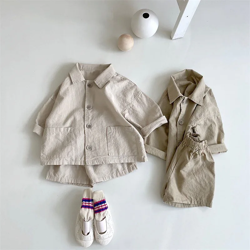 

Children's Set Boys and Girls Summer Suit Fashionable and Handsome Lapel Shirt Shorts Children's Casual Two-piece Set