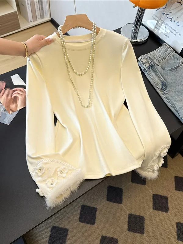 

Thiened Long Sve Манжеты из меха норки с вышивкой, основа irt, новый китайский национальный тренд, женский топ для внутренней и внешней одежды