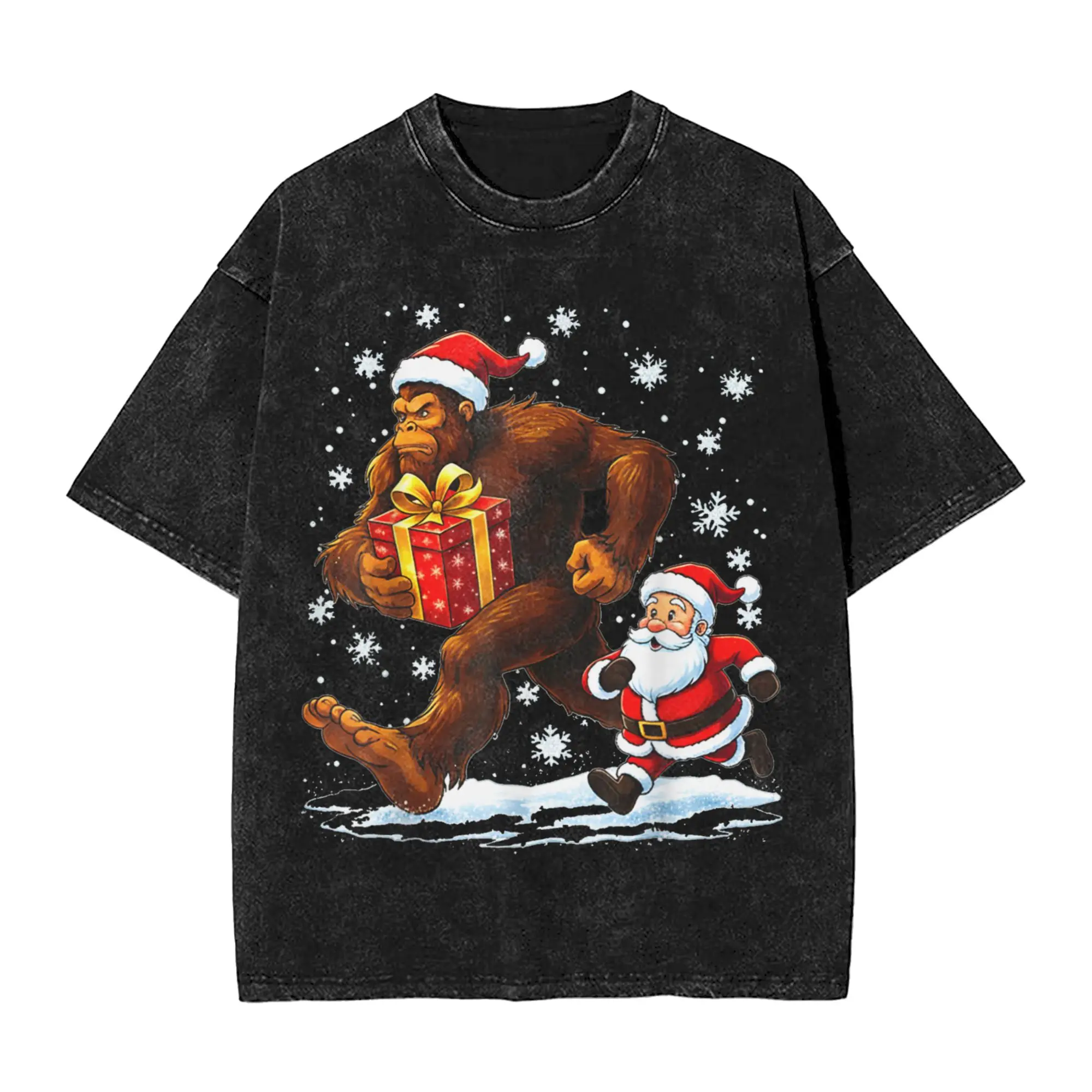 Novelty Bigfoot Christmas Sasquatch T-Shirts for Men Crewneck Pure Cotton Washed T Shirt  Short Sleeve Tee Shirt Summer Clothing