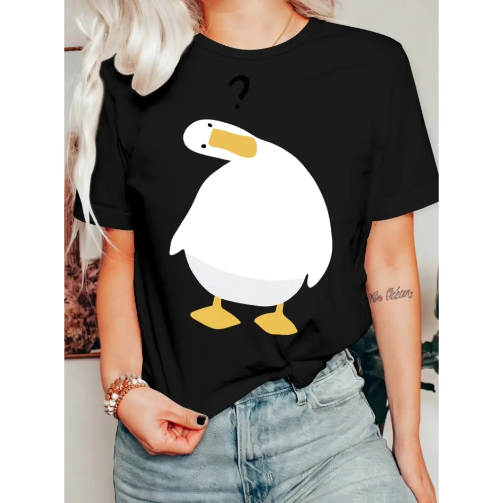 Cartoon Confused Goose Womens T Shirt Funny Question Mark Bird Animal Graphic Tee Short Sleeve Casual Daily Holiday Ladies Tops