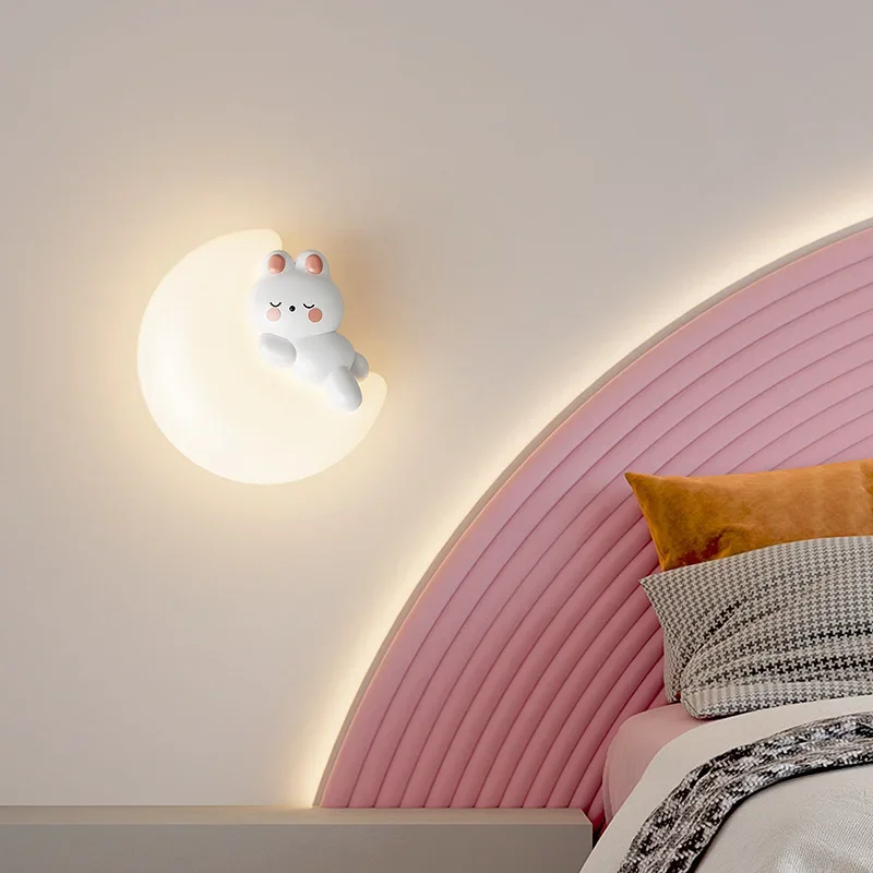 Imagem -03 - Moderno Minimalista Lâmpada de Parede Led Minimalista Estrela Lua Urso Coelhinho Luz para Quarto Cabeceira Sala de Estudo Estar Corredor Berçário Candeeiro Interior