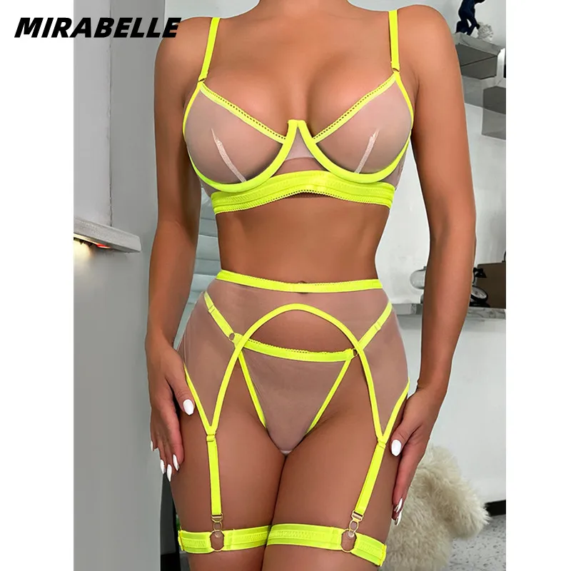 MIRABELLE Neon Female Lingerie Sexy Transparent Bra And Panty Sets Lace Underwear Kit Sensual See Through Seamless Intimate