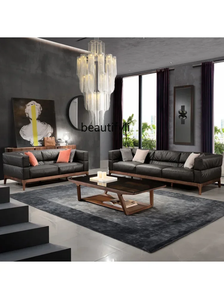 182C North American Leather Sofa Light Luxury Solid Wood Three Italian Minimalist down Sofa Log Living Room Furniture home furni