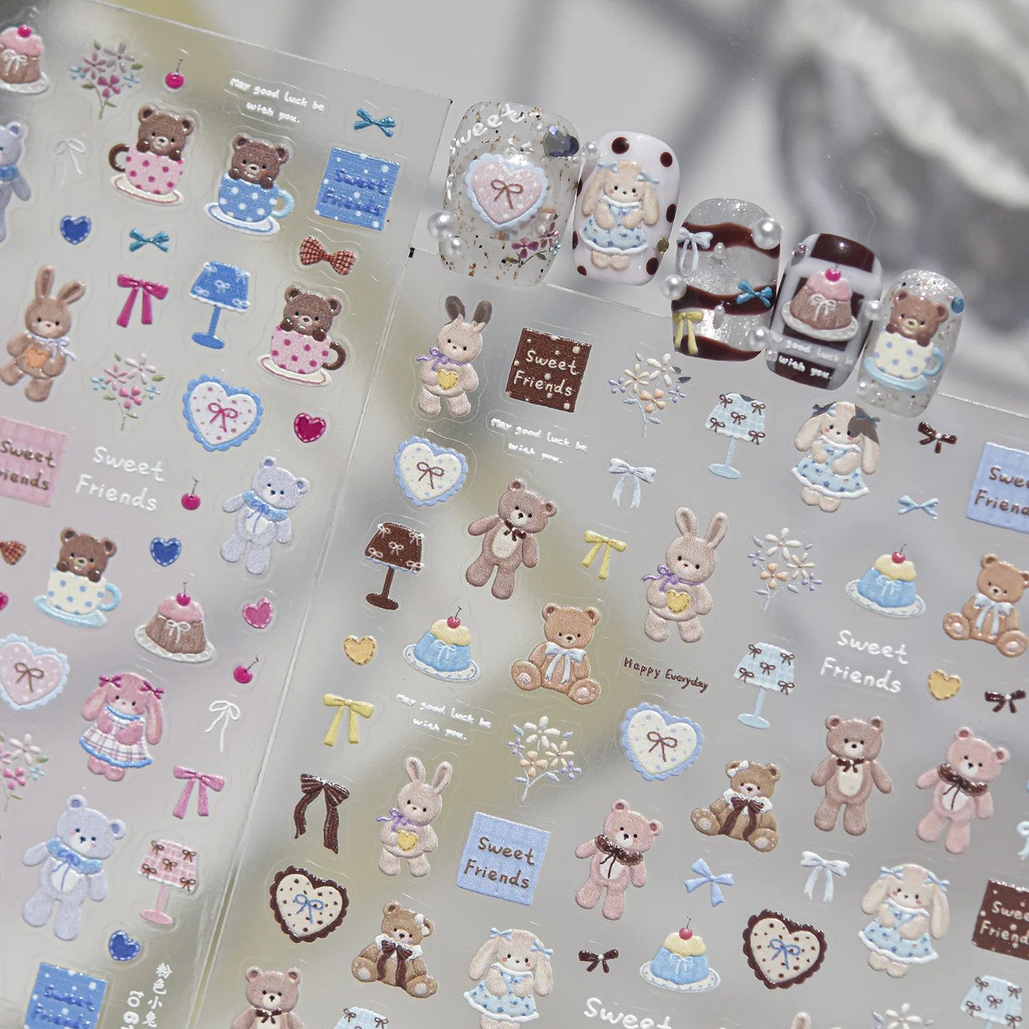 Vintage Cute 5D Nail Decals Fabric Bear Lop‑Eared Bunny Cake Table Lamp Bow Self Adhesive Nail Stickers Sweet Nail Accessories