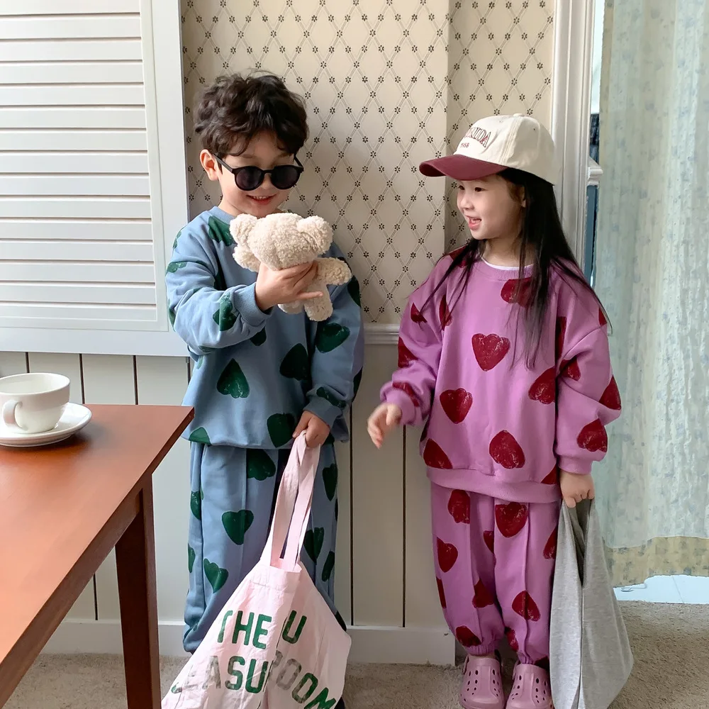 RAISE 2026 Spring Children Sibling Attire Cotton Printed Love Jogger Pants Suit Casual Kids Girls Round Collar Sweatshirt Outfit
