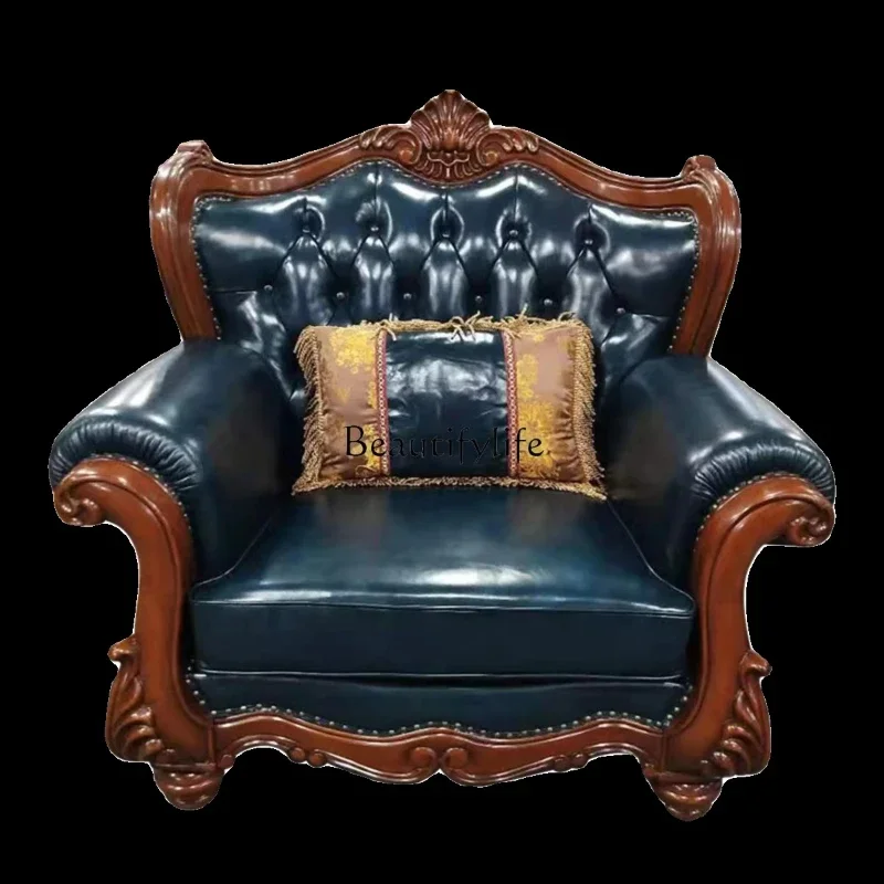 

02*European solid wood classical American hand-carved villa living room leather sofa