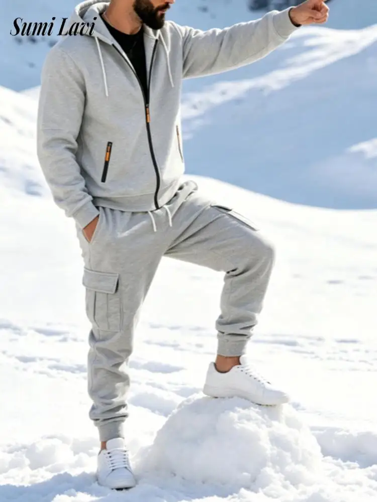 fashionable-zip-up-hooded-solid-color-long-sleeve-tops-and-pants-set-mens-vintage-loose-two-piece-outfit-autumn-winter-for-mens