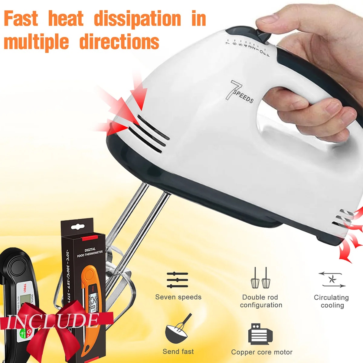 Handheld Mixer,Free Thermometer,Egg Whisk,7 Speed Food Grinder Multifunctional Electric Blender,Cream Cake Baking Dough Rod