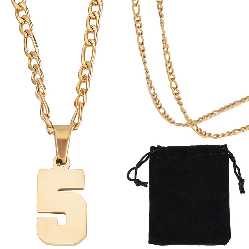 1 Box 1Pc Number Necklace 304 Stainless Steel Athletes Number Chain with Velvet Pouches for Women Men (Number 5)