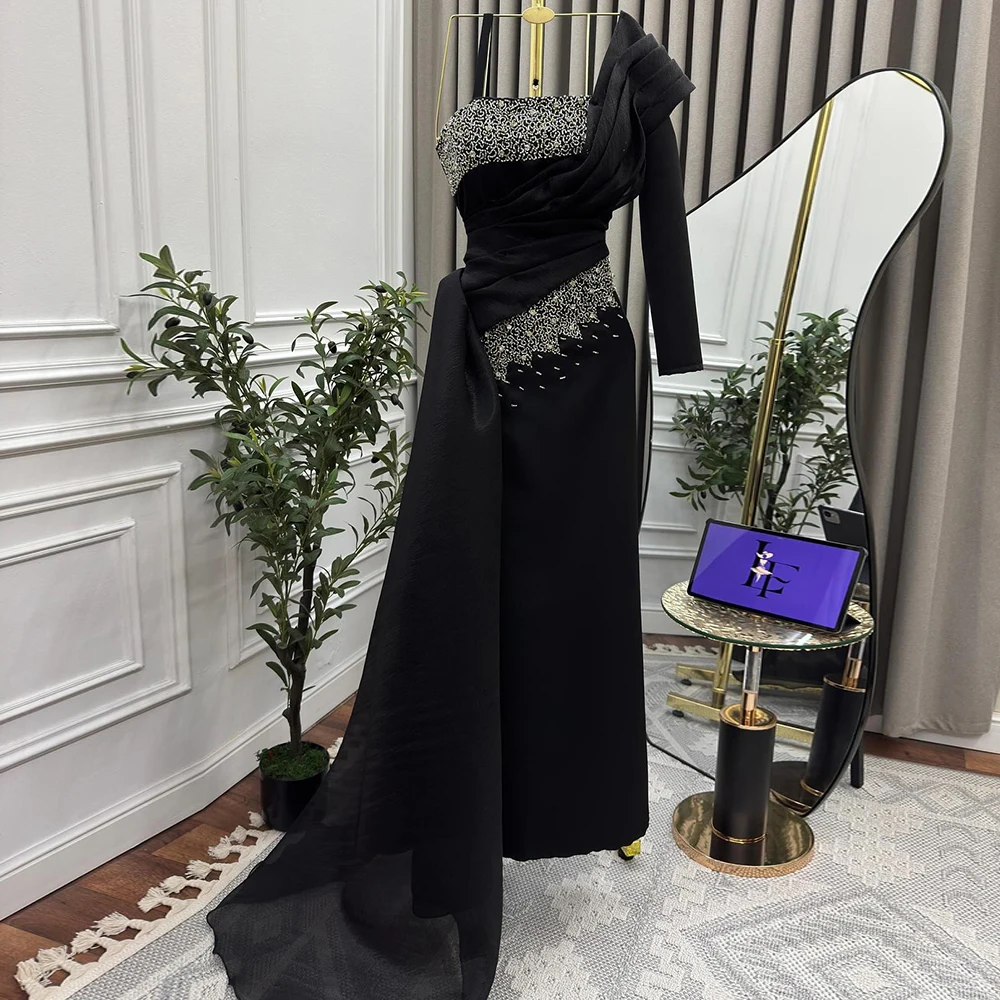 Customized A-line Evening Dresses Floor-length Square Collar Full Sleeve Prom Gown Fashion Sequined Pleat Backless Party Gown