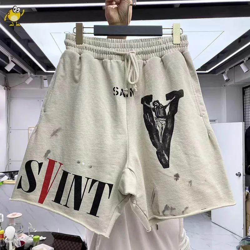 

Apricot Khaki Saint Shorts Men Woman Hip Hop Heavy Fabric Vintage High Street Graffiti Good Quality Joggers