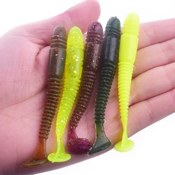 Señuelo de pesca suave de 75mm y 3,2g, cebo Artificial de silicona con 5 piezas de impacto oscilante, Swimbait, Wobblers, olor a Camarón, sal