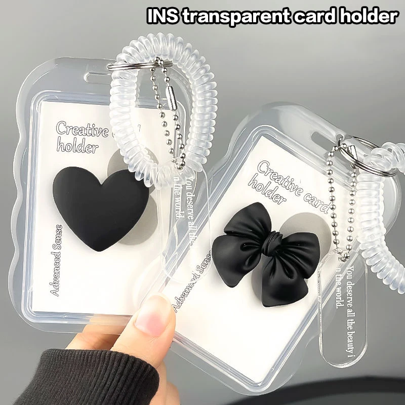 Acrylic Bow Heart Photo Card Holder Design Idol Photo Sleeve Anti Lost Keychain Photocards Protector Case Student Meal Card