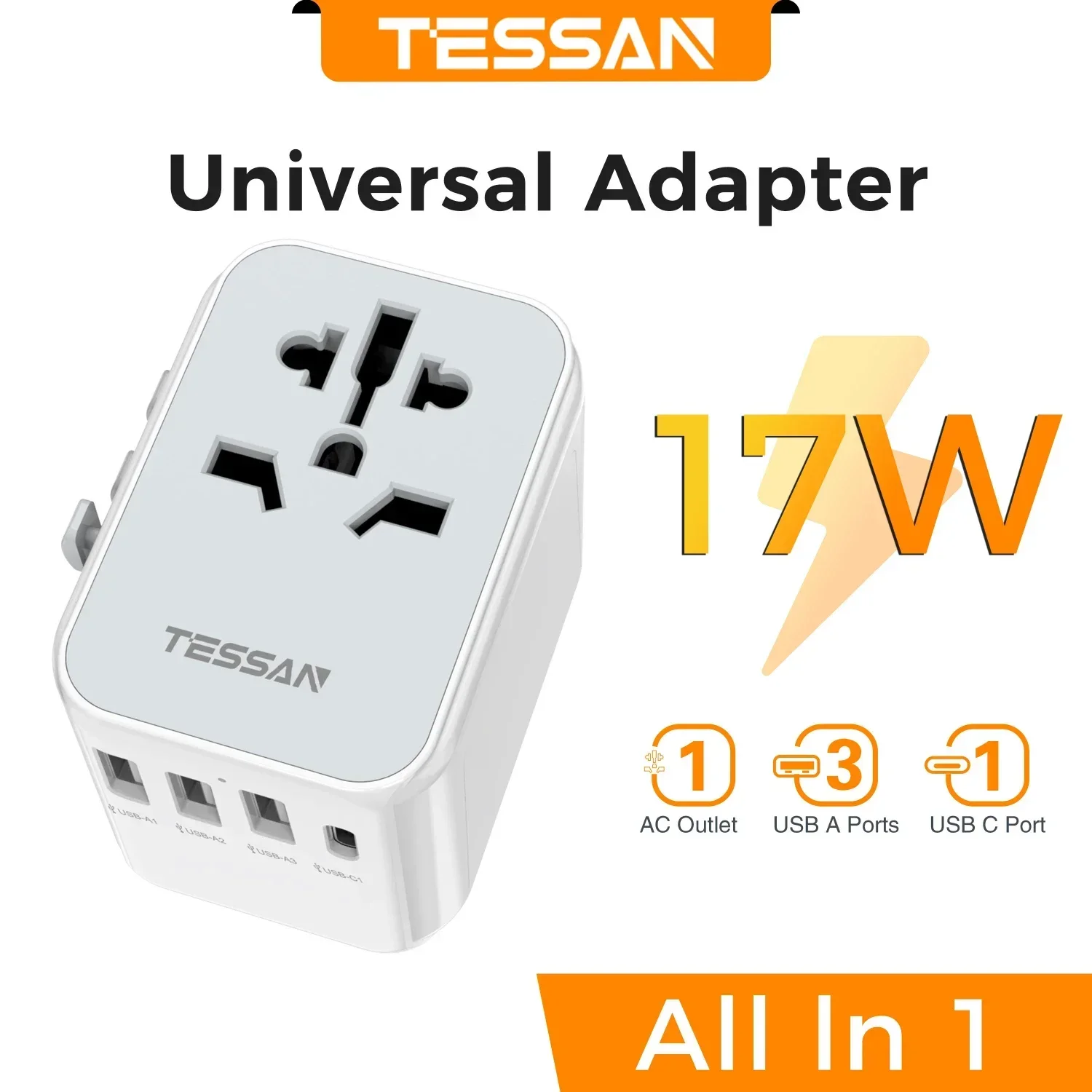 TESSAN Universal Travel Adapter with USB Port and Type C, Worldwide Power Adapter EU/UK/USA/AUS Plug for International Travel image 3