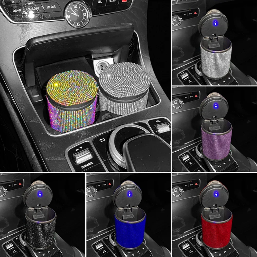 Luxury Crystal Car Ashtray with Led Light Diamond Portable Ash Tray with Cover Auto Decoration Bling Car Accessories for Women