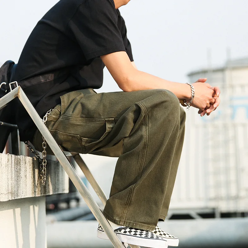 

Japanese Retro Trend Wide-leg Pants Mens Military-style Workwear Straight-leg Loose Jeans Army Green Slacks Jeans Men