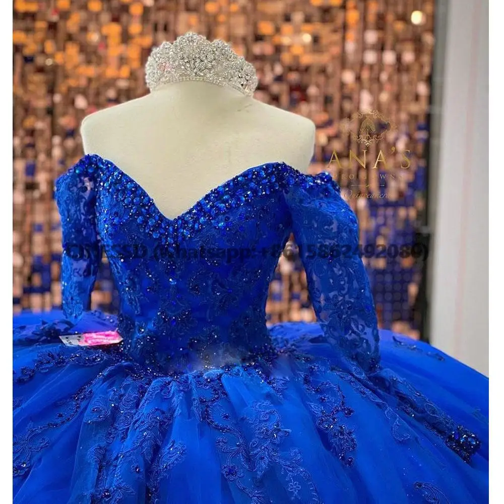 Royal Blue Off The Shoulder Quinceanera Dresses Ball Gown Long Sleeve Beading Crystal Appliques Corset For Sweet 15 Girls Party