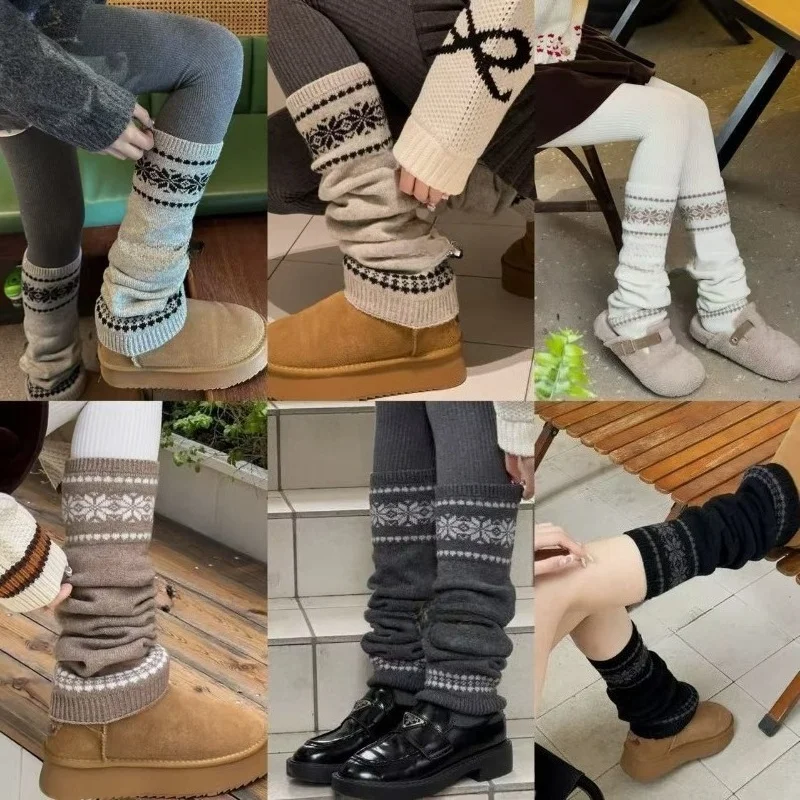 1/6 Pairs Fair Island Autumn/Winter Retro Art Stacked Socks Set Coarse Thread Knitted Snowflake Look Thin Warm Grey Leg Cover