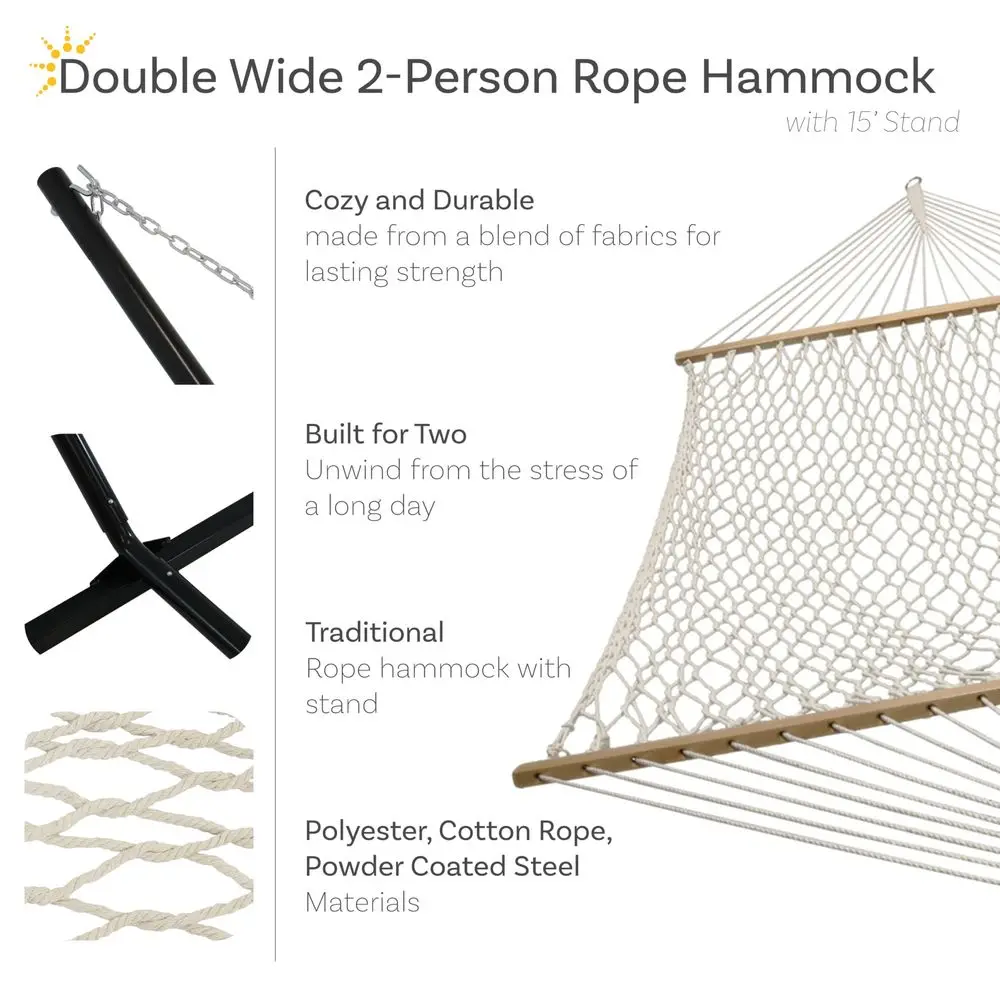 Double Rope Hammock with Stand for Outside, Heavy Duty, Natural