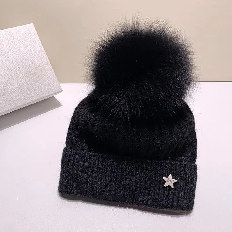 Knitted Beanie Cap Women Man Casual Thick Warm Knitting Skullies Hat Real Fox Fur Pom pom Gorros