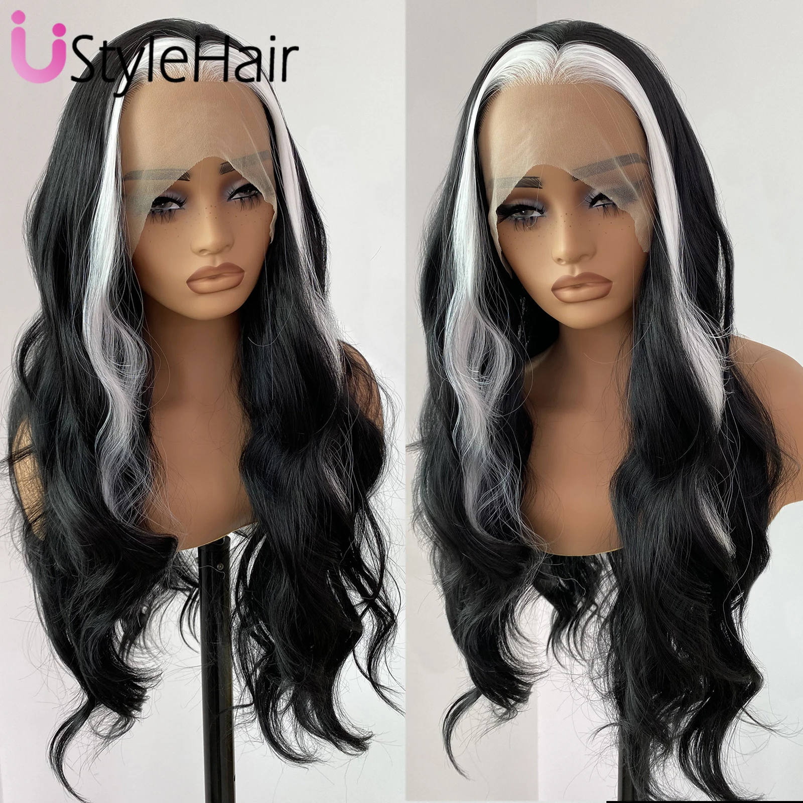 สีดําสีขาวไฮไลท์วิกผม Long Body Wave วิกผมลูกไม้ 13x4 Glueless ผสมสีวิกผมสังเคราะห์ลูกไม้ด้านหน้าด้านหน้าธรรมชาติ Hairline สวมใส่ทุกวัน