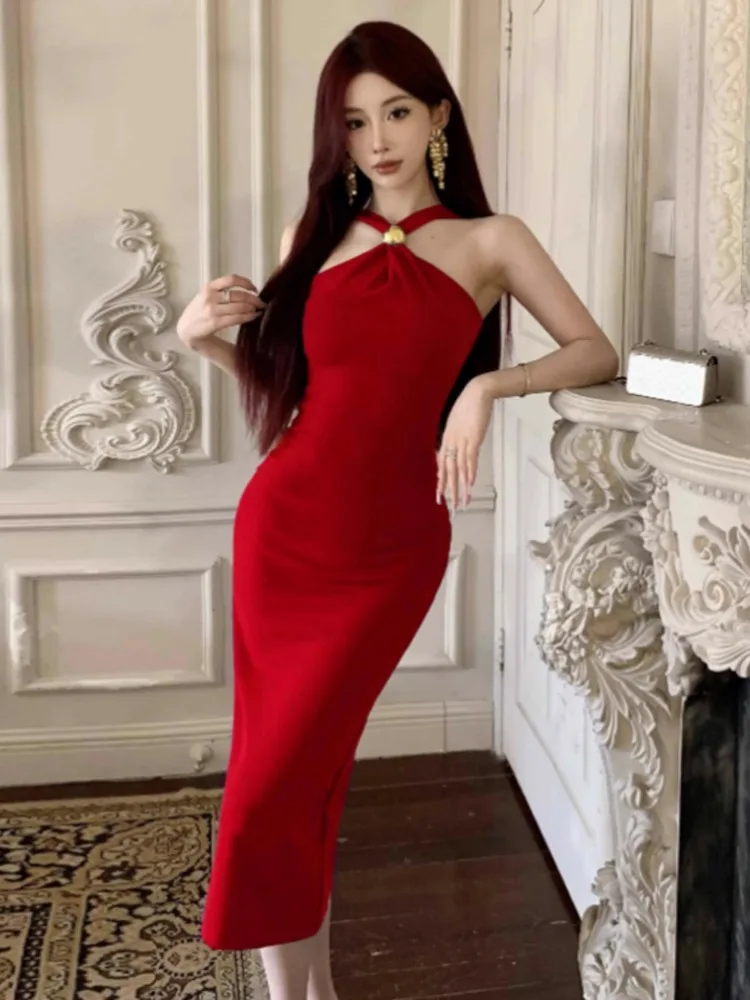 Kimotimo Women Dress Sexy Off Shoulder Halter Waist Wrapped Mid Length Evening Party Dresses Summer Solid Slim Elegant Vestido