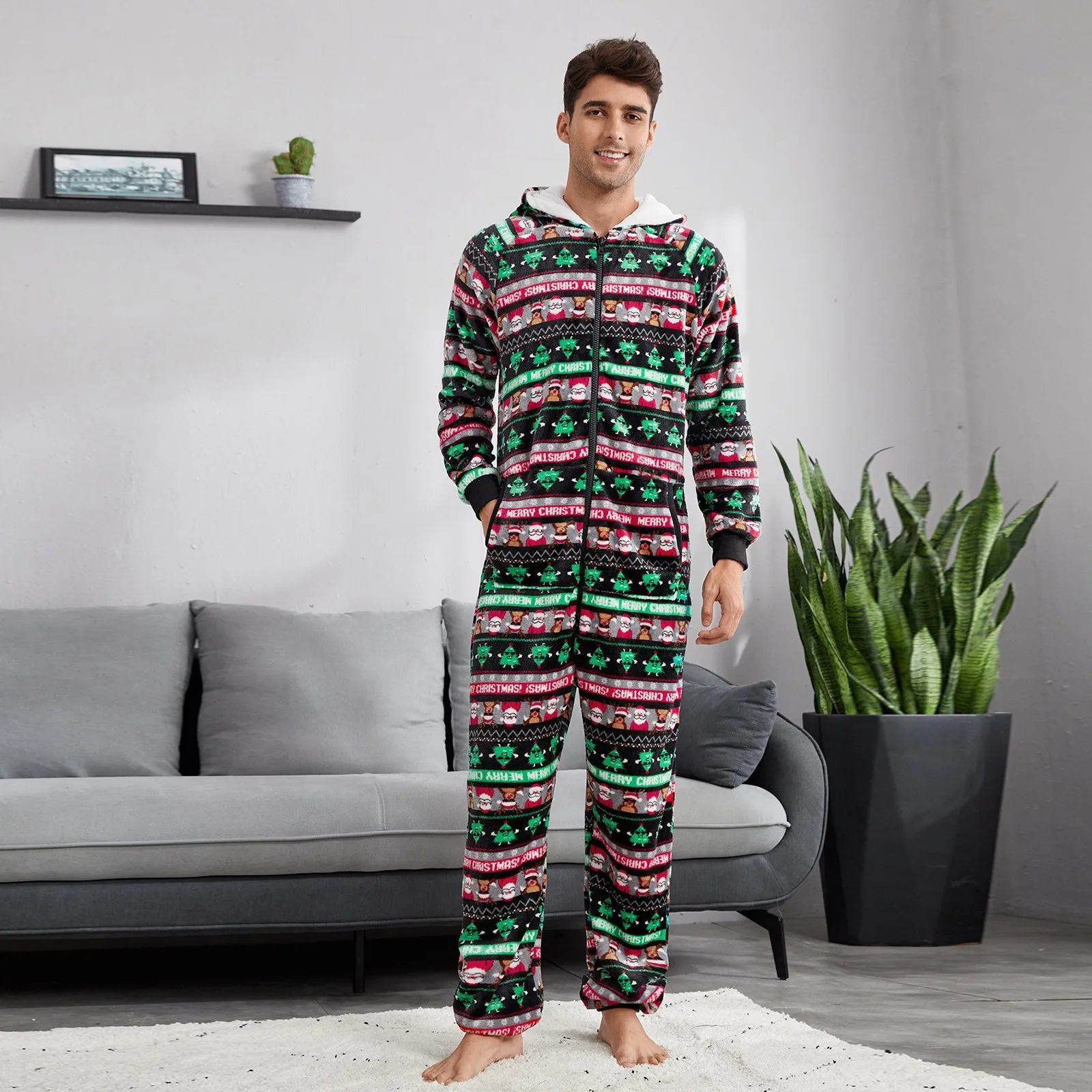 Christmas Onesie Men Jumpsuit Sleeping Clothes Zipped Up Men One Piece Hooded Jumpsuit Fleece Winter Warm Adult Onesie Sleepwear