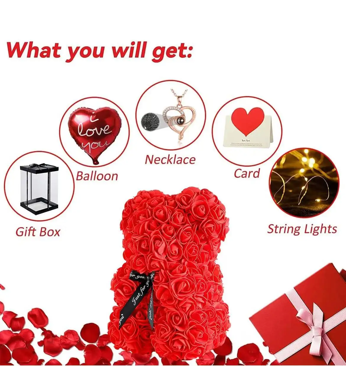 28cm Red Rose Bear Christmas Gifts, Flower Teddy Bear with Box  Necklace Balloon Card, Cute Romantic Girl Friend ,Mom