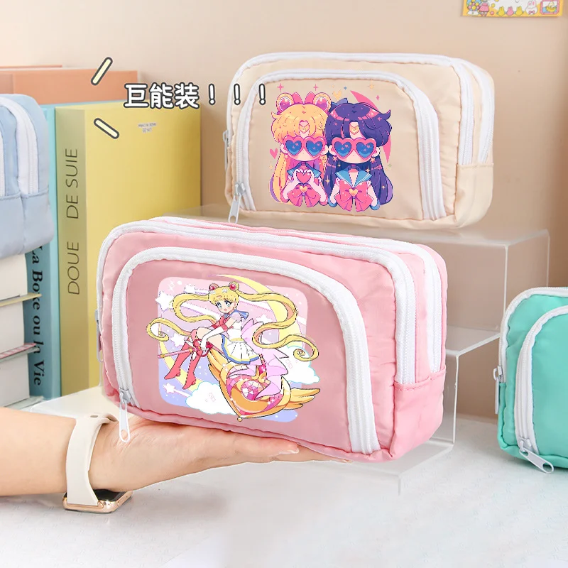 Sailor Moons Schreibwarenbox, großes Fassungsvermögen, mehrschichtiges Federmäppchen für Studenten, schlicht, niedlich, Cartoon-Make-up-Tasche, Bleistiftbeutel, Geschenk