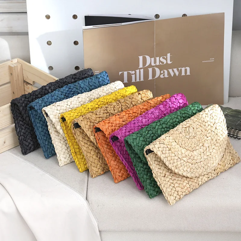

2025 Women Fashion Flap Envelope Bags Summer Beach Bag Handmade Wallet Straw Knitted Handbag Lady Coin Phone Long Purse Clutches