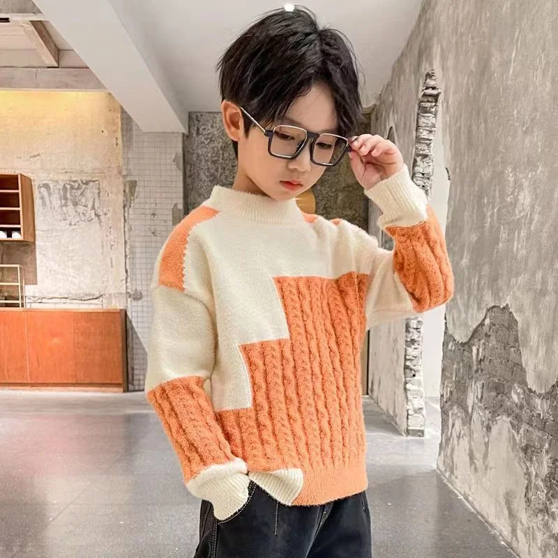 

Boys Sweater Wool Coat Kids Tops Knitting 2024 Spring Autumn Plus Thicken Cottons Pullover Teenagers Children's Clothing