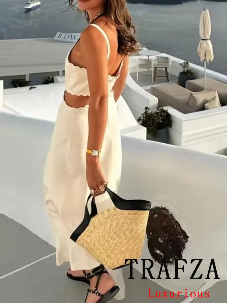 TRAFZA-vestido Vintage sin mangas para mujer, traje liso con Espalda descubierta, ahuecado, para fiesta en la playa, 2024