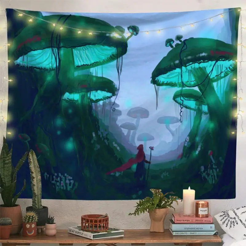 VIKAMA Psychedelic Mushroom Tapestry, Tree of Life UV Neon Fantasy Wall Hanging, Aesthetic Bedroom Dorm Decor
