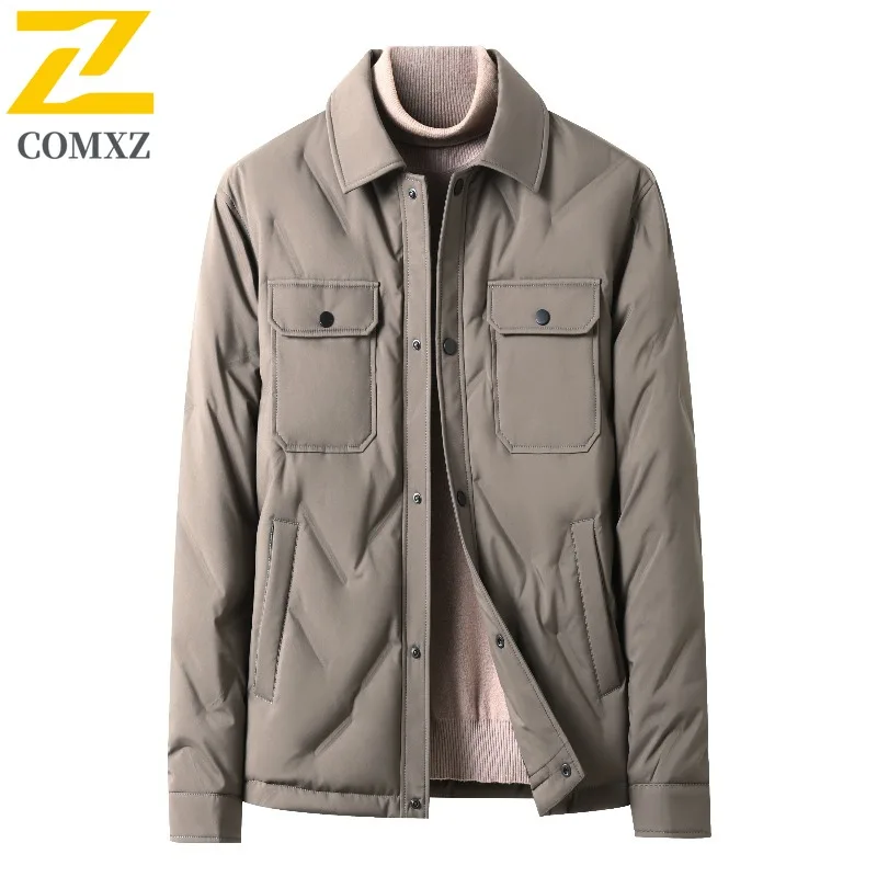 COMXZ Puffer Jacket Men Turndown Collar Classic Outdoor Working Thickened Warm Parka Trendy Single Breasted Design Winter Coat