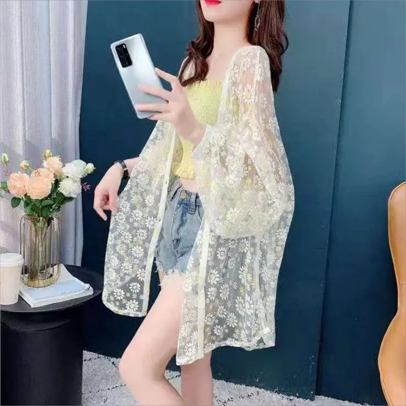 

Flower Jackets Women Thin Lace Sun-proof Elegant Sweet College Korean Style Sleeve Summer Feminine Loose Leisure Design