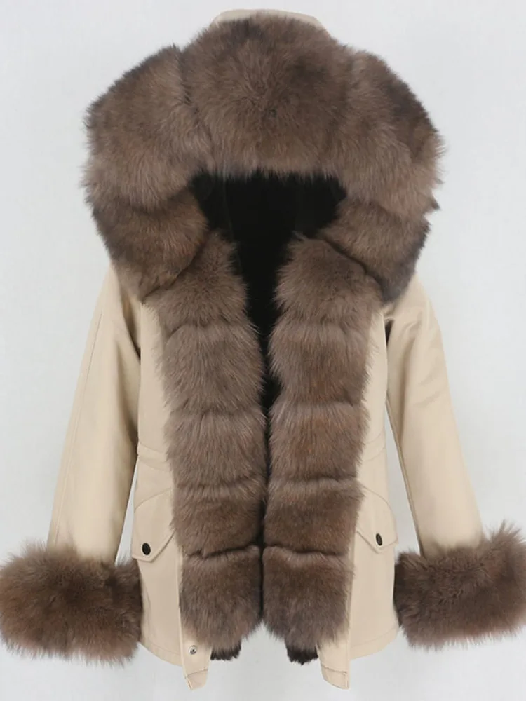 ZMEENNA Luxe beige nepbont gevoerde parka voor dames Warme winterjas met capuchon en pluche rand Stijlvol buitenshuis ZM3611