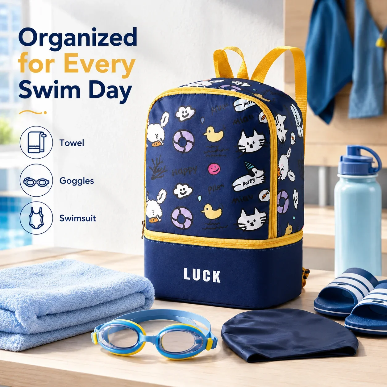 Cute Cartoon Kids Swim Backpack with Dry Wet Separation, Waterproof Swimming Bag for Boys and Girls, Beach Sports Gym Bag