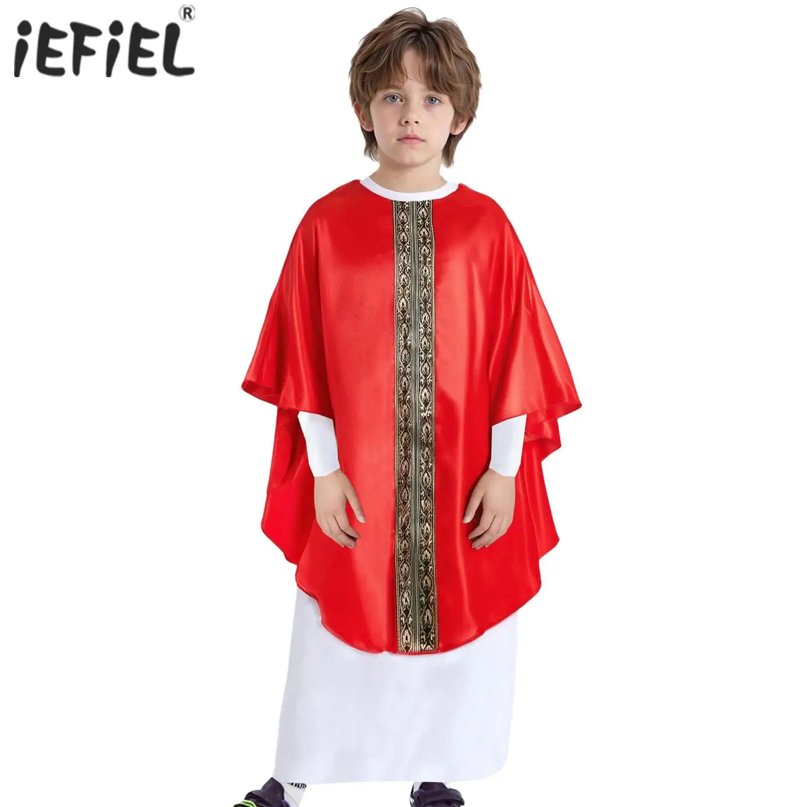 

Kids Boys Girls Pope Costume Cosplay Robe Long Sleeve Band Cape Underneath White Dress for Themed Activities Stage Performances